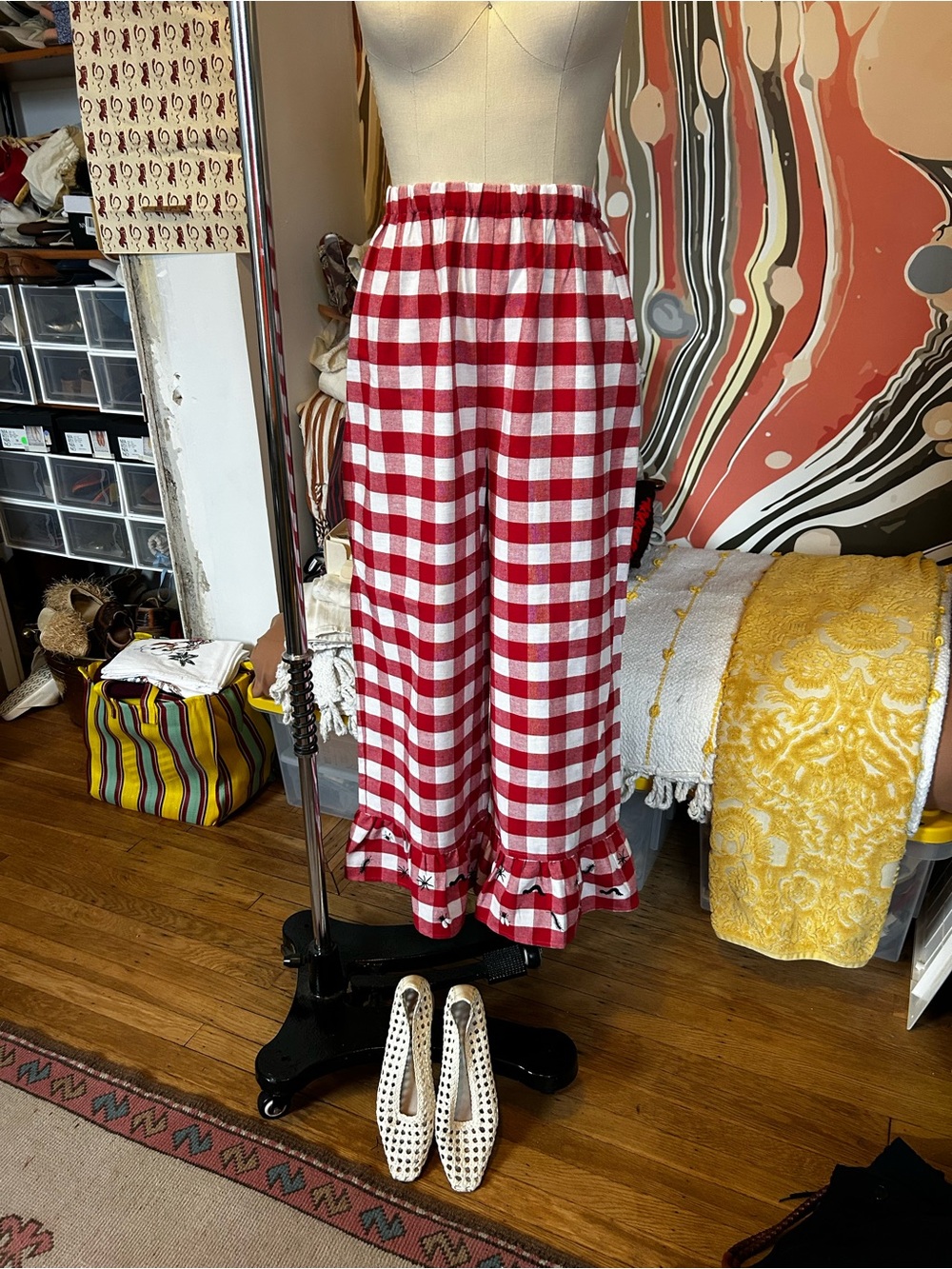 Fashion Brand Company Red and White Gingham Ruffle Hem Wide Leg Pants